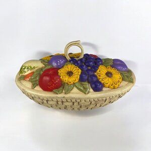 Vintage Handmade Floral Fruit Salad Serving Lidded Bowl Painted SIGNED EG 1974
